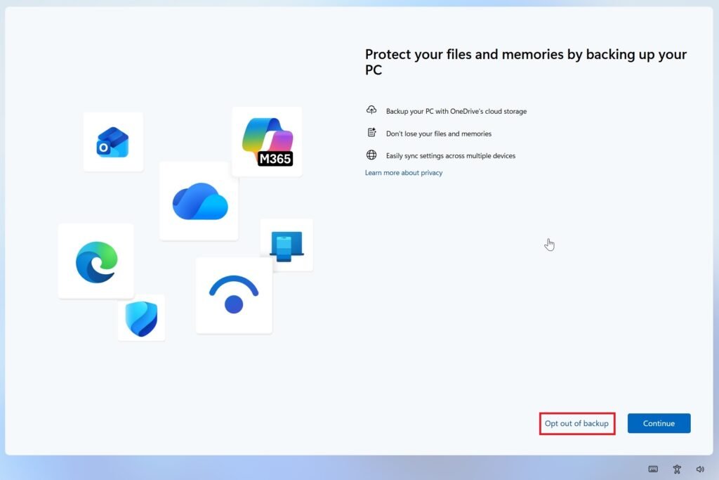 Windows 11 OneDrive backup prompt showing an opt-out option