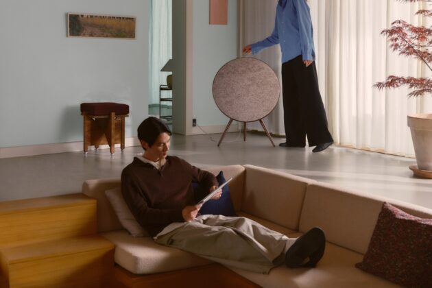 Beosound A9 in the Sienna Brown and Woolscape Mineral Red configuration