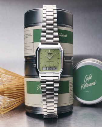 Detail view of the Casio AQ-230ECK-3A&rsquo;s matcha-green dial and digital display.