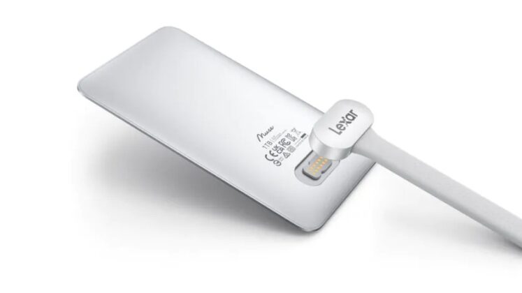 Lexar Muse Ultra-Slim Portable SSD attached to the back of a smartphone