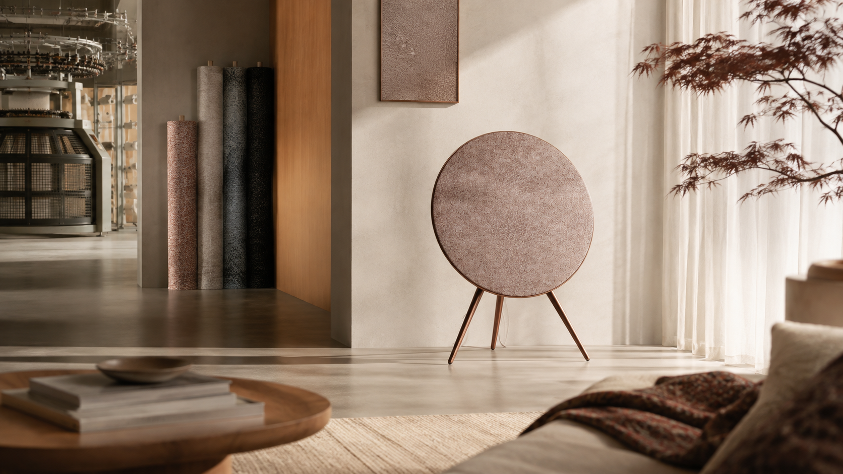 429448 Bang & Olufsen Beosound A9 speaker in Sienna Brown with a Woolscape Mineral Red front cover