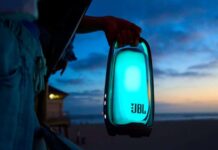 JBL Pulse 6 portable Bluetooth speaker with its illuminated body