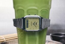 Casio AQ-230ECK-3A limited-edition analog-digital watch with a matcha-green dial and metal bracelet.