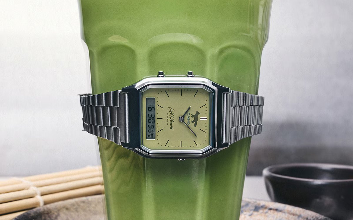 429879 Casio AQ-230ECK-3A limited-edition analog-digital watch with a matcha-green dial and metal bracelet.