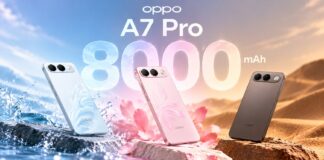 OPPO A7 Pro shown in its three announced color finishes.