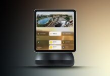 Reported Apple smart home hub design with a square display suspended above a rounded speaker base.