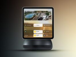 Reported Apple smart home hub design with a square display suspended above a rounded speaker base.