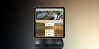 Reported Apple smart home hub design with a square display suspended above a rounded speaker base.