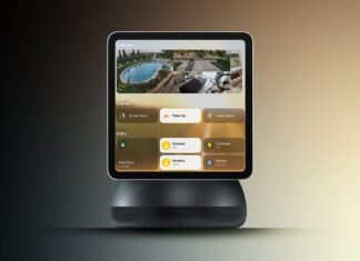 Reported Apple smart home hub design with a square display suspended above a rounded speaker base.