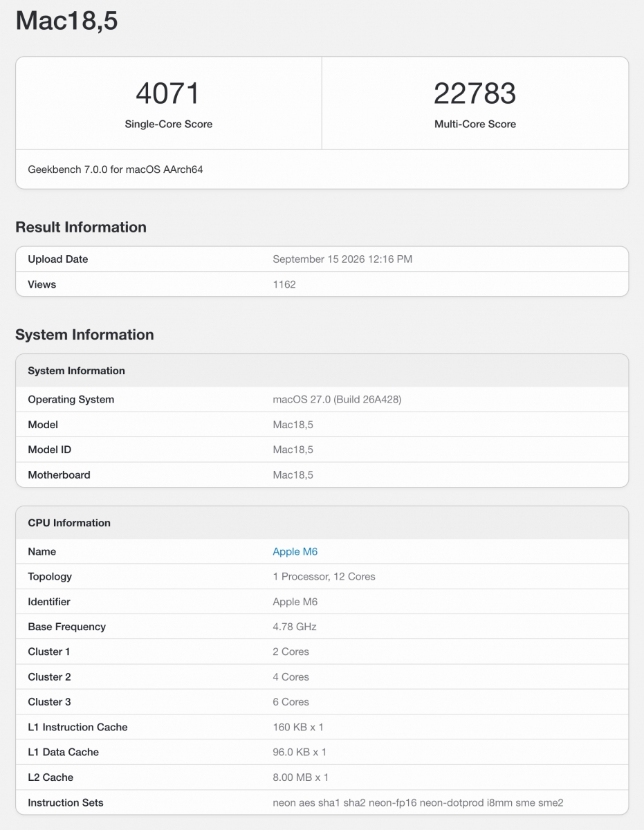 Graphic comparing the early Apple M6 Geekbench result with M5 performance