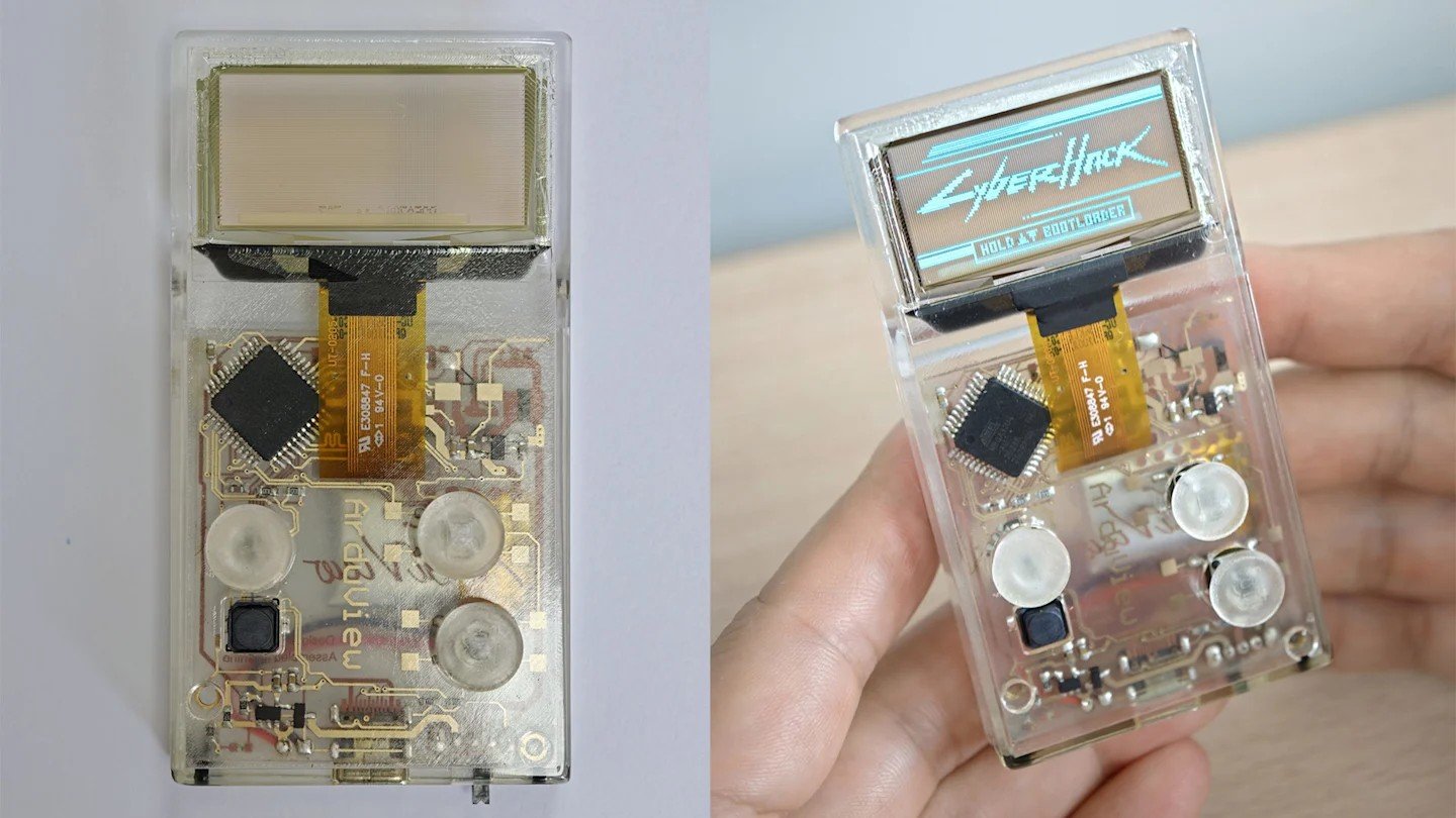 Arduview 50-gram transparent handheld console with built-in 8-bit games