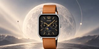 Casio MTP-M305LC-7AV with silver dial, rectangular steel case and black leather strap