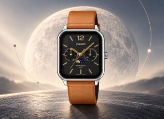 Casio launches MTP-M305LC-7AV analog watch with moonphase display in the US Casio MTP-M305LC-7AV with silver dial, rectangular steel case and black leather strap