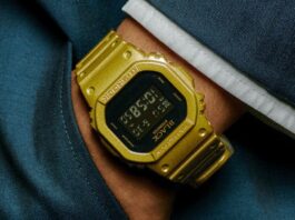Casio G-Shock DW-5600BEP-9 BlackEyePatch edition in gold and black.