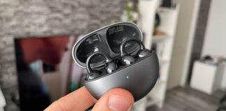 Open-ear clip-on earbuds worn around the outer ear
