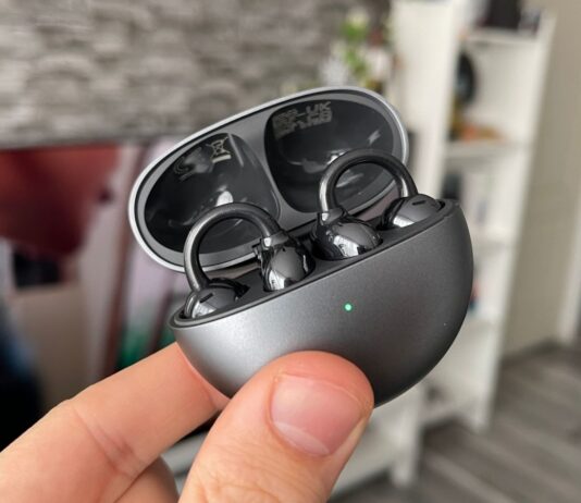 Open-ear clip-on earbuds worn around the outer ear