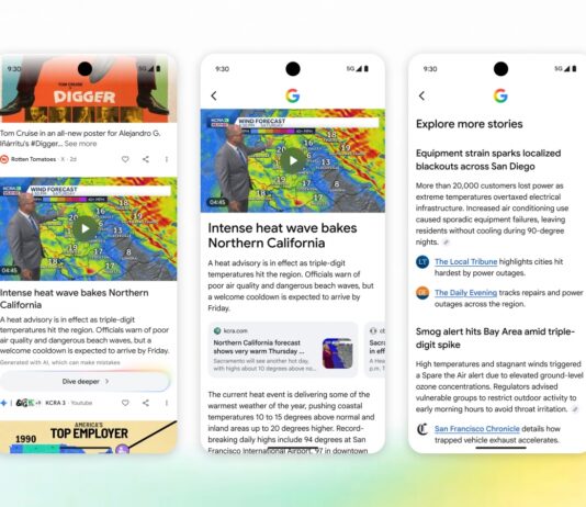 Google Discover interface showing an AI-powered Dive deeper news-summary feature