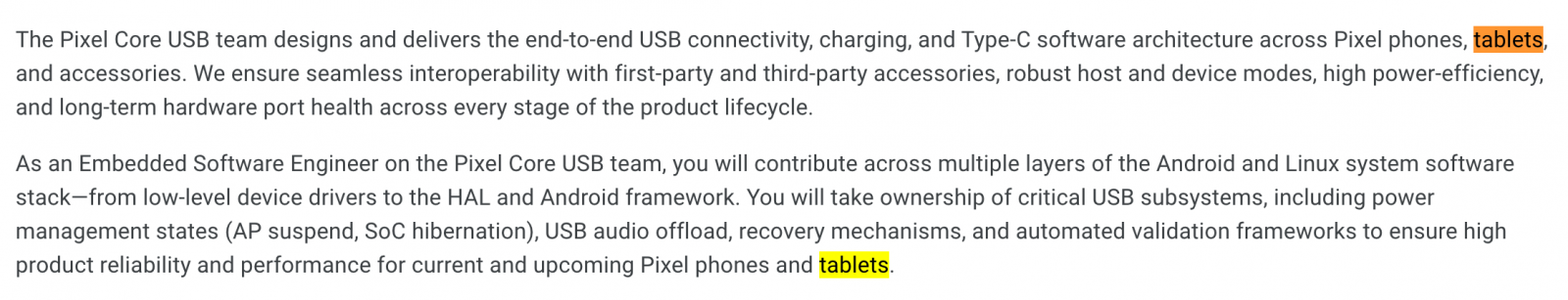 Google Careers listing referencing future Pixel tablets
