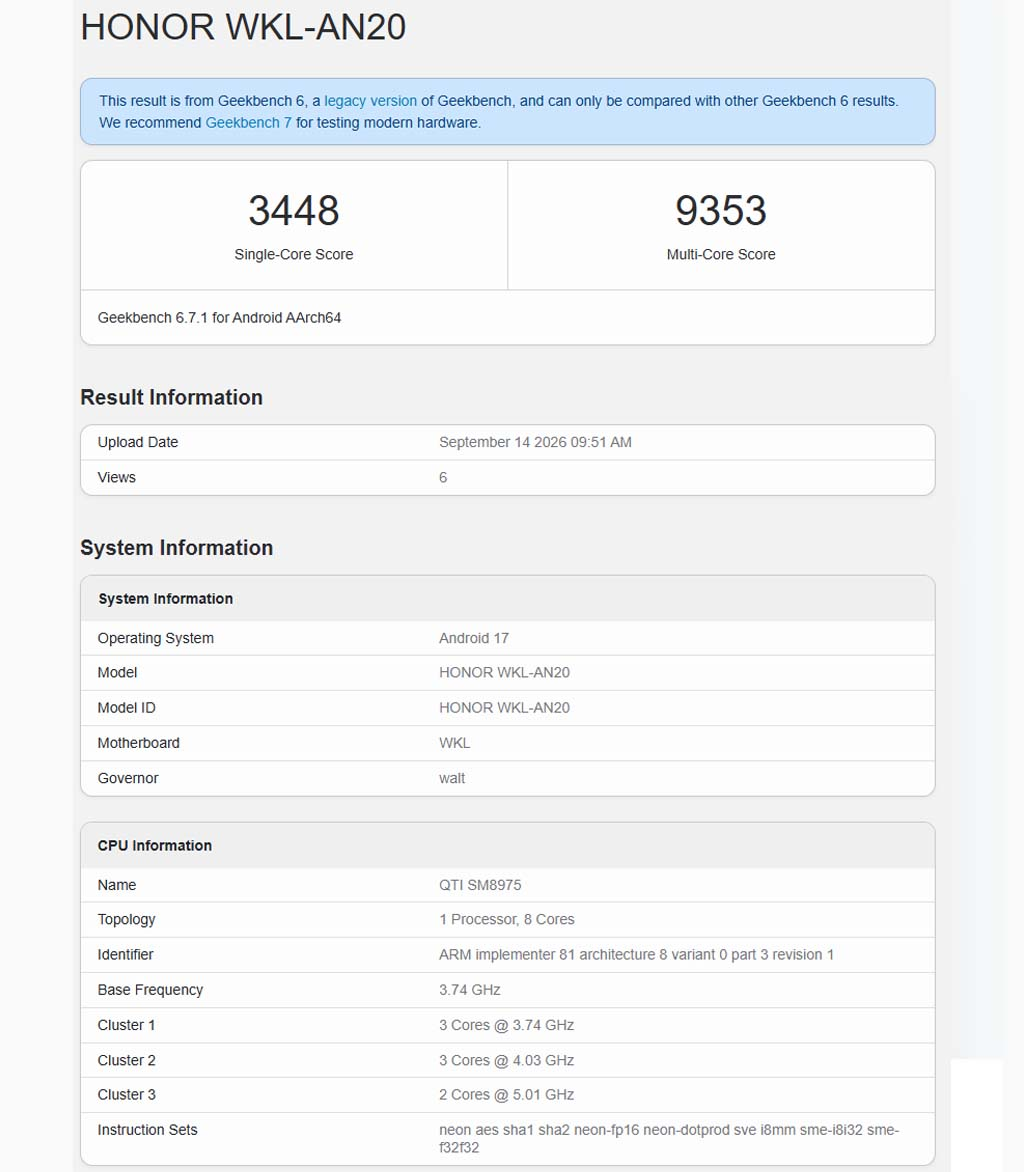 Geekbench listing for the alleged HONOR Magic9 Pro Max showing Snapdragon 8 Elite Gen 6 Pro, 16GB of RAM and benchmark scores.