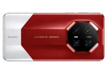 Huawei Mate 90 RS Ultimate Render Shows Red-and-White Dual-Tone Design Render of the Huawei Mate 90 RS Ultimate showing a red-and-light dual-tone rear design and octagonal camera module.