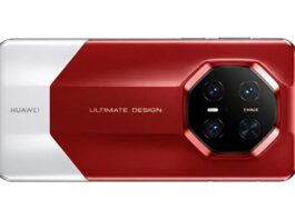 Render of the Huawei Mate 90 RS Ultimate showing a red-and-light dual-tone rear design and octagonal camera module.