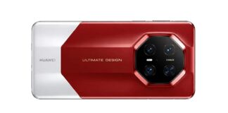 Render of the Huawei Mate 90 RS Ultimate showing a red-and-light dual-tone rear design and octagonal camera module.