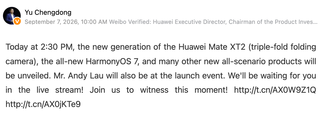 Huawei Mate XT 2 launch announcement for the HarmonyOS 7 event featuring Andy Lau