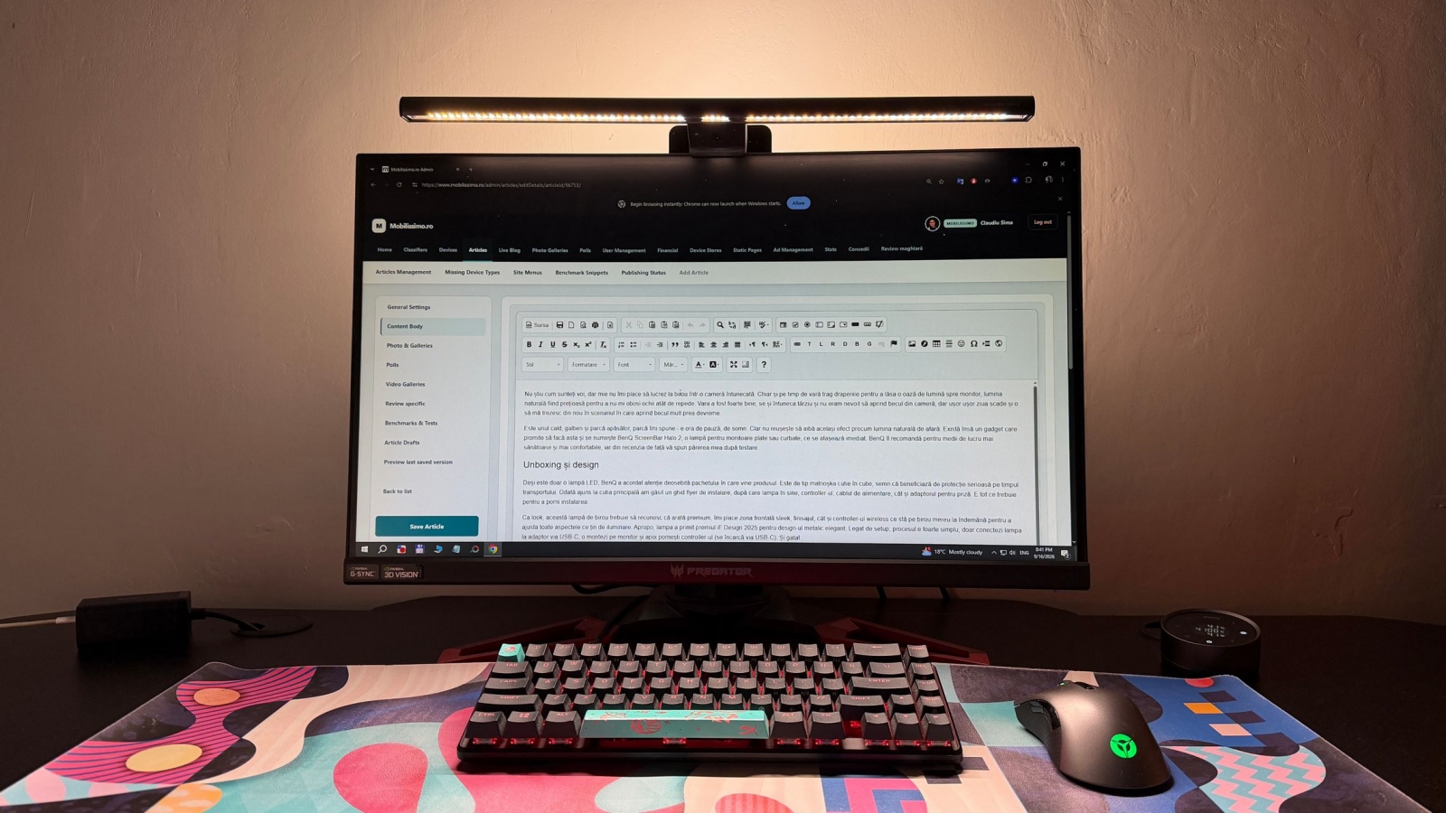 iluminare-ecran-tehnologie-cover-a96753-002 BenQ ScreenBar Halo 2 monitor light mounted above a display