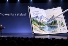 Apple iPhone Duo foldable phone shown with Apple Pencil support