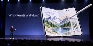 Apple iPhone Duo foldable phone shown with Apple Pencil support