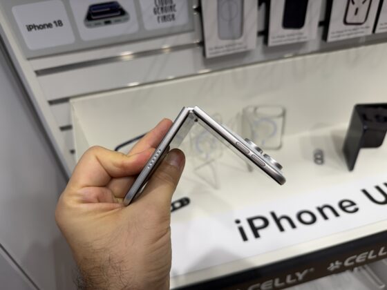 Non-functional foldable iPhone display model at the Celly booth
