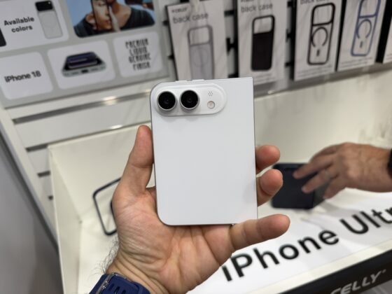 Celly stand exhibit showing a rumored foldable iPhone design
