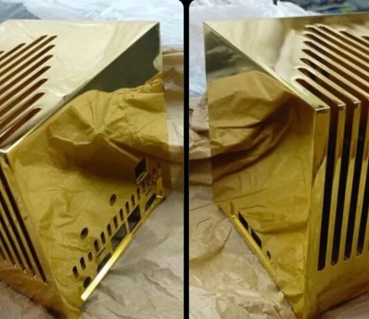 Custom Kubb Fanless mini PC with a solid 24K gold chassis