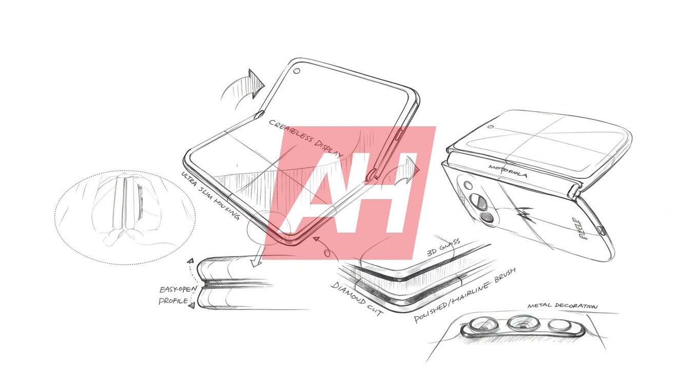 Motorola wide foldable design sketch showing the phone's rear panel and camera bar