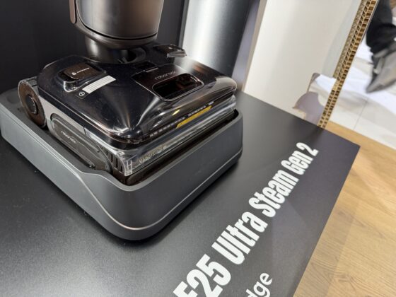 Roborock F25 Ultra Steam Gen 2 reclined for cleaning beneath furniture