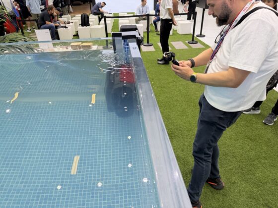 Close view of the Roborock RockAqua P1 pool robot