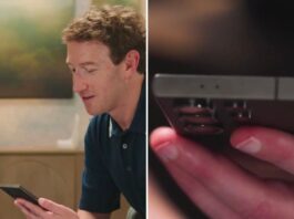 Mark Zuckerberg during an interview with Joanna Stern, holding a phone reported to resemble a Samsung Galaxy S24 Ultra.