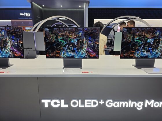 TCL 32X3A OLED+ monitor shown from an angled view