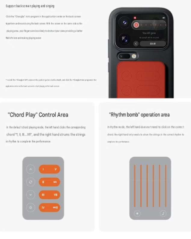 Xiaomi Pocket Guitar accessory shown with a Xiaomi smartphone