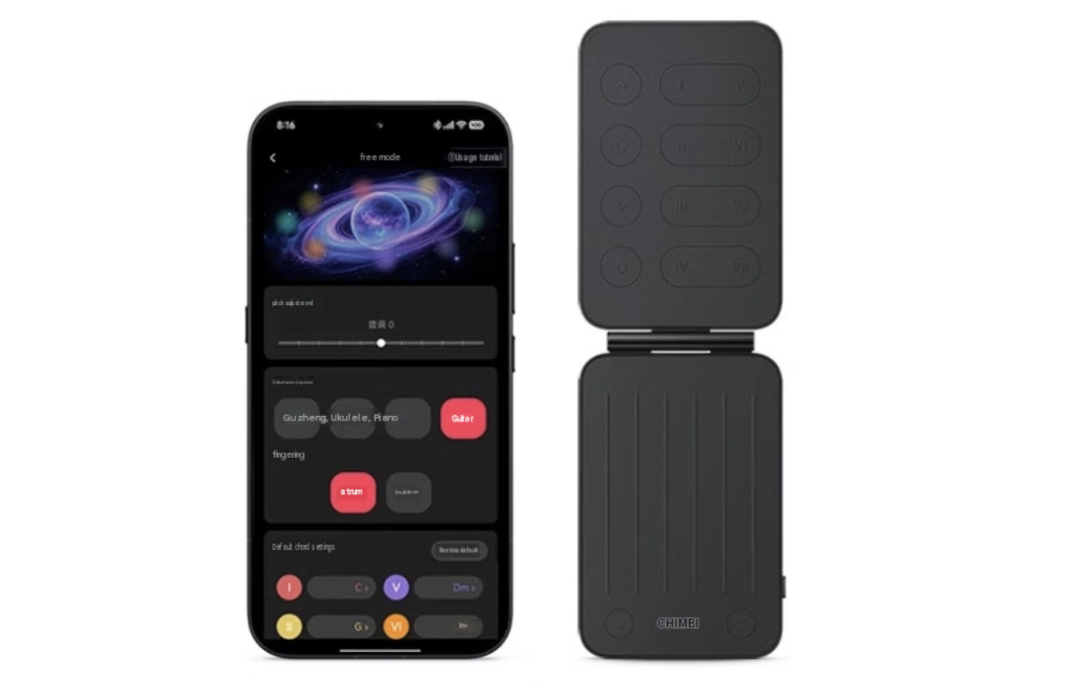 Xiaomi Pocket Guitar unfolded for simulated guitar controls on a phone