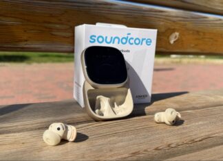 Soundcore Liberty 5 Pro Max wireless earbuds with their AMOLED-display charging case
