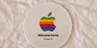 Apple teaser with multicolored embroidered text reading “Welcome Home.”