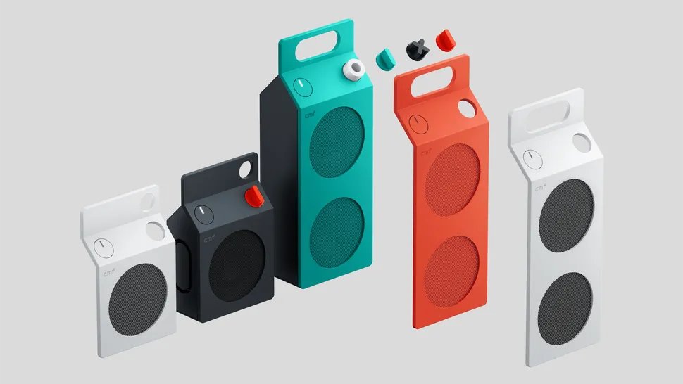 CMF portable speaker shown with its geometric vertical design