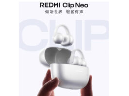 Teaser image showing the white Redmi Clip Neo clip-on earbuds and charging case.