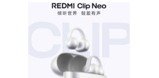 Teaser image showing the white Redmi Clip Neo clip-on earbuds and charging case.