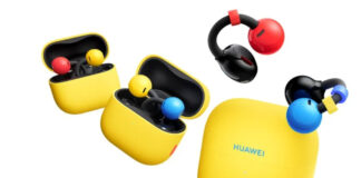 Huawei FreeClip 2 bicolor earbuds with yellow charging case