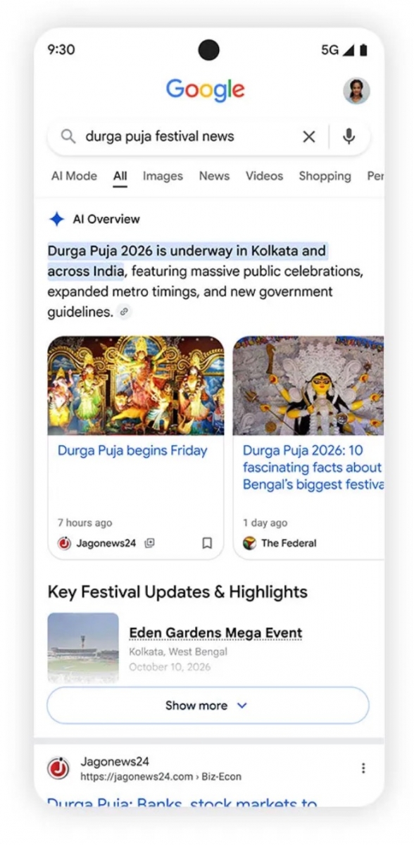 Google interface showing more prominent source links, news and author profiles in AI-generated Search results