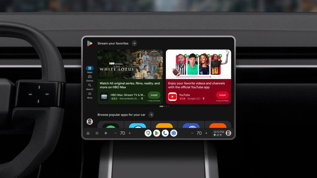 google-built-in-google-play-android-cover-a97541-001 Google Play interface displayed on a vehicle infotainment screen