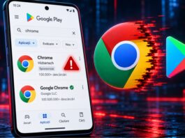 Google Play results showing a fake Chrome app listing alongside the legitimate Google Chrome browser.
