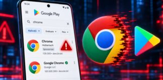 Google Play results showing a fake Chrome app listing alongside the legitimate Google Chrome browser.